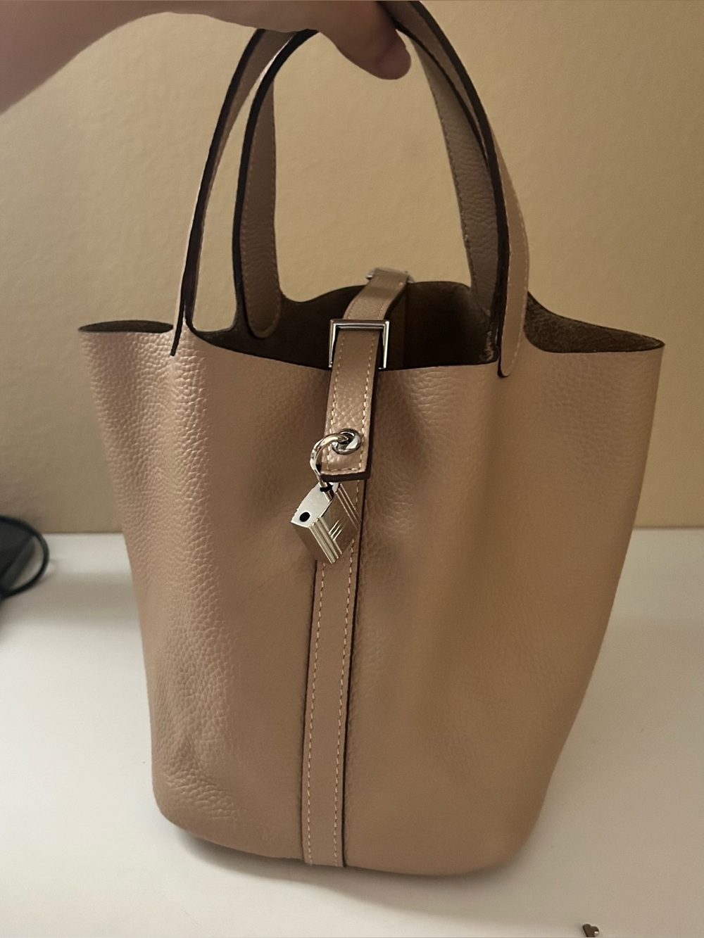 Leather Bucket Bag in Taupe